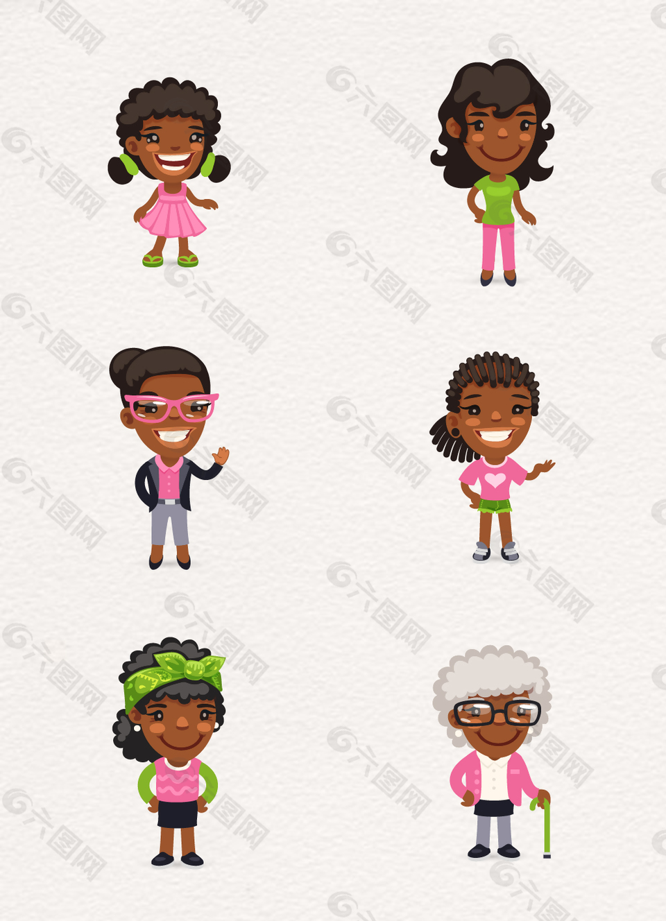 卡通黑人女孩成长矢量合集