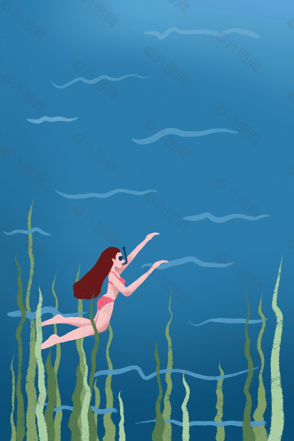 初夏潜水的女孩海报背景设计