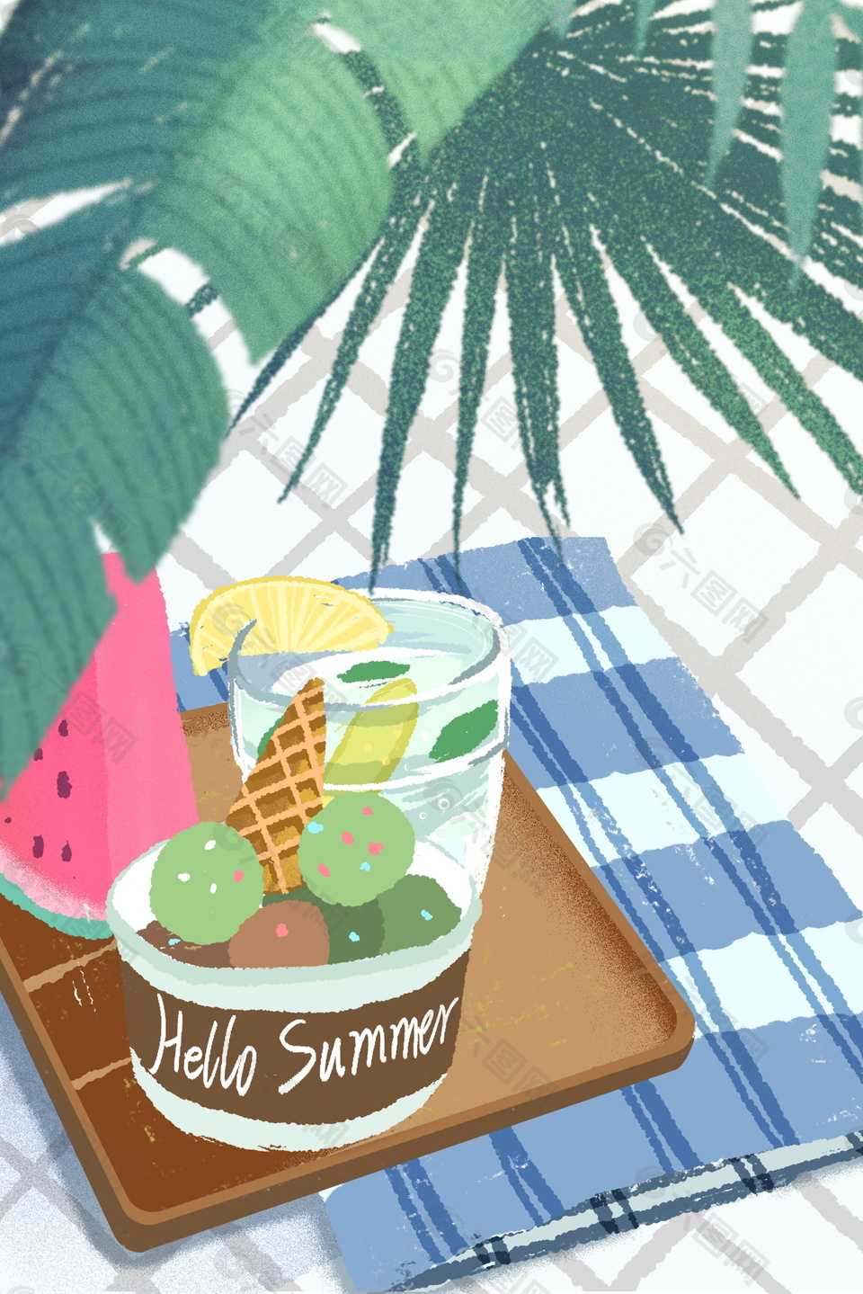你好夏天冰淇淋饮料海报背景图