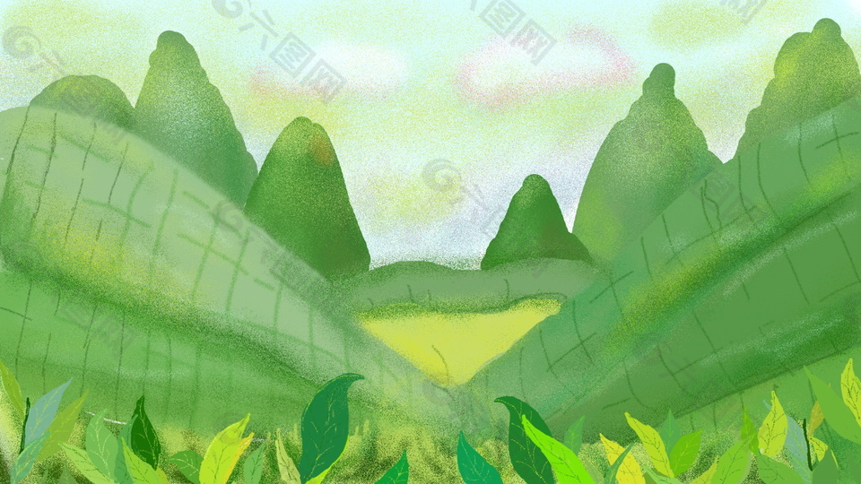 夏季绿色彩绘远山海报背景图