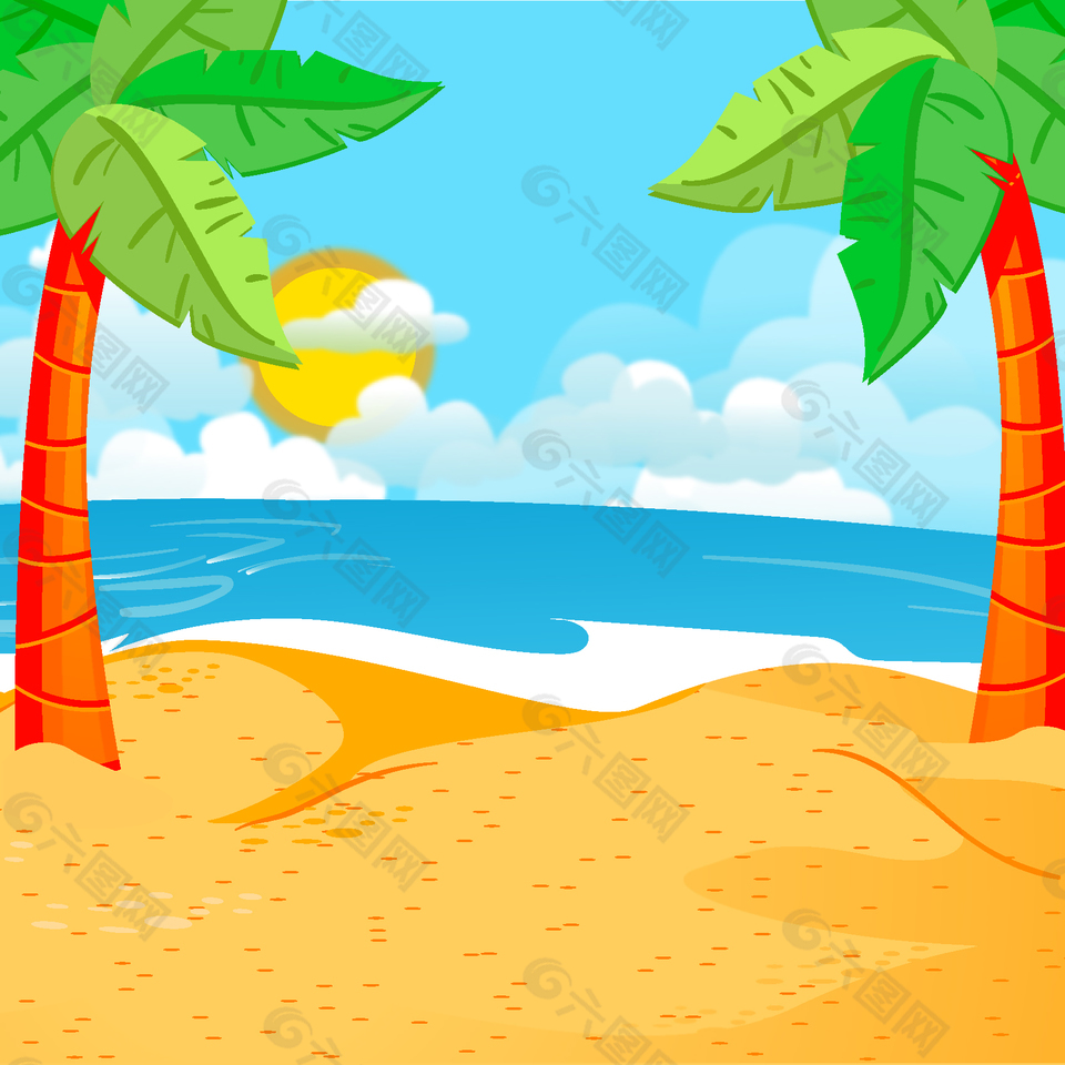 手绘卡通沙滩椰子树矢量背景