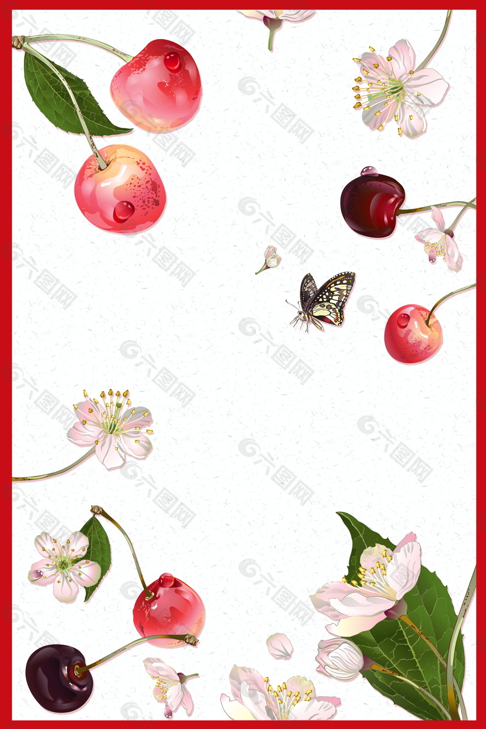 彩绘花朵蝴蝶樱桃边框海报背景图