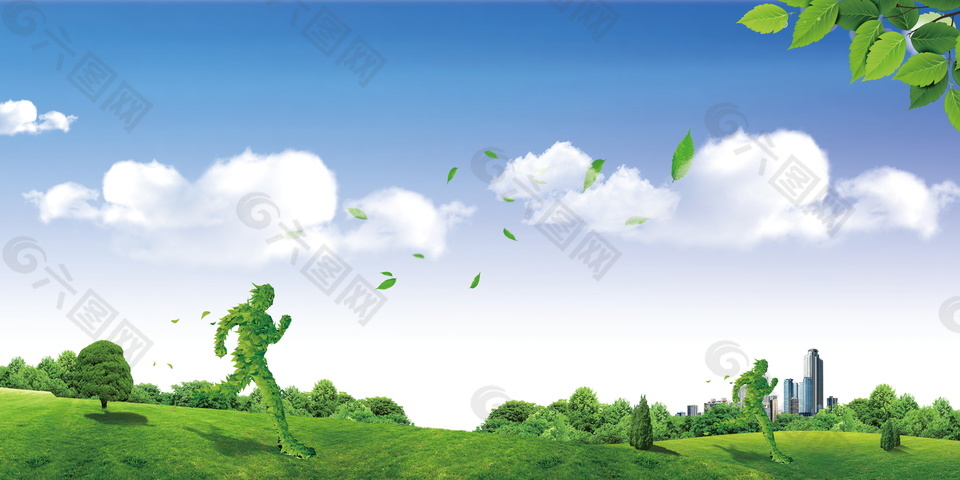 奔跑的绿色人像低碳生活生态广告背景素材
