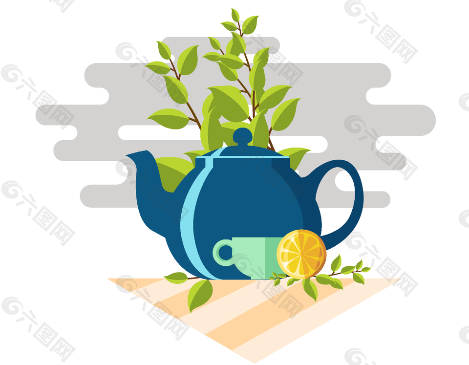 清新绿色树叶茶壶元素