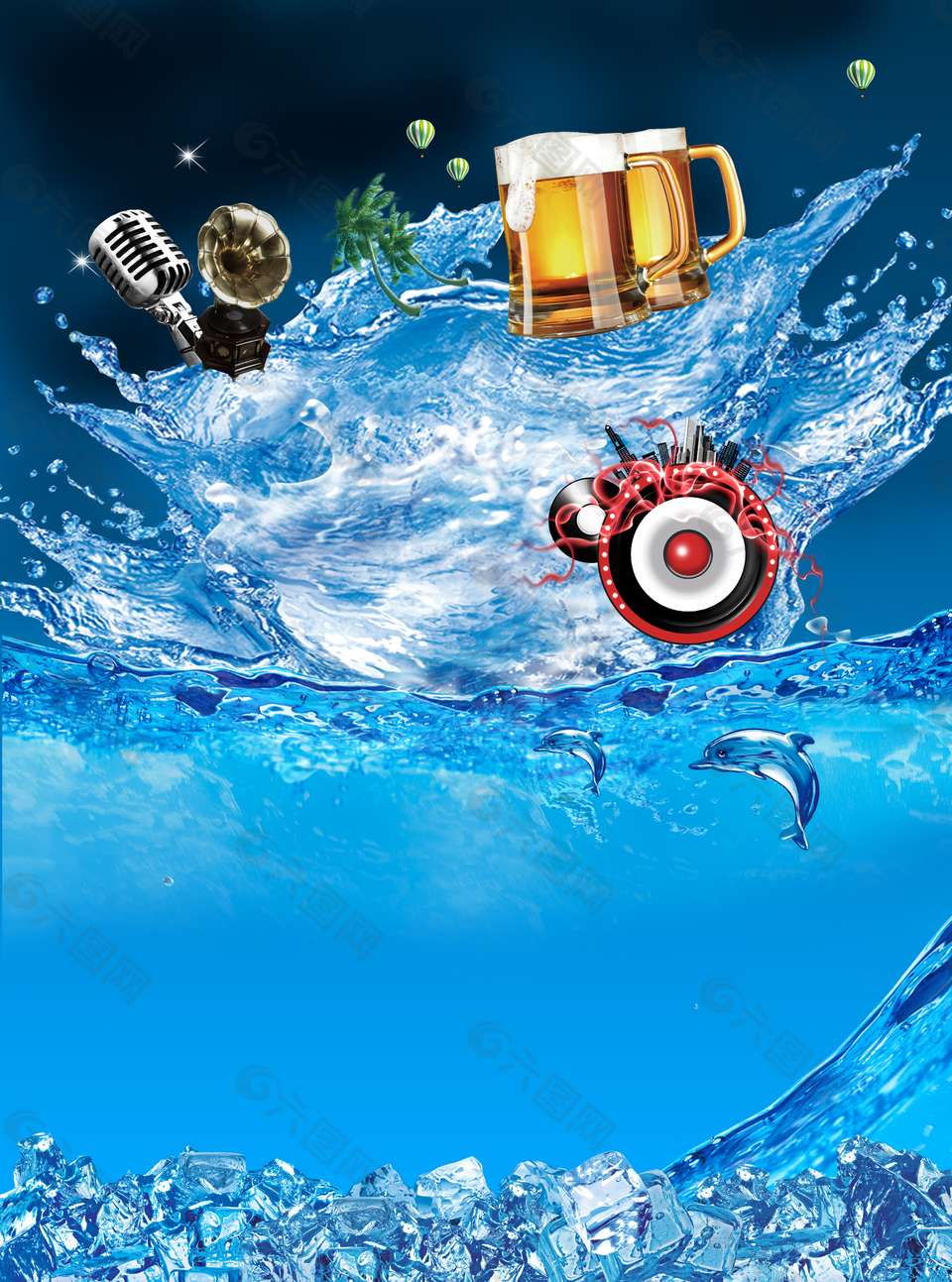夏日清凉蓝色啤酒海报背景素材