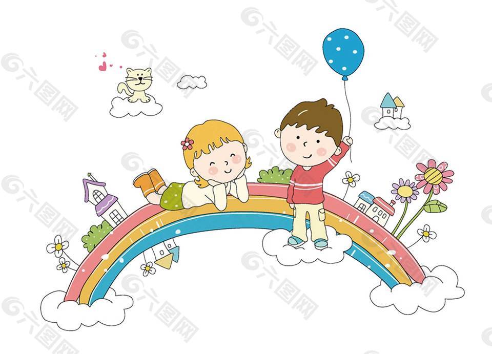 手绘彩虹桥上玩耍的小朋友PNG元素