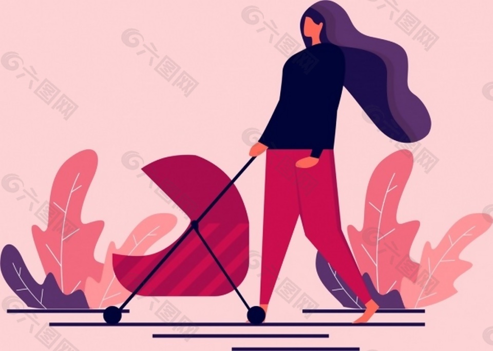 少妇儿童车户外风景ai矢量素材下载