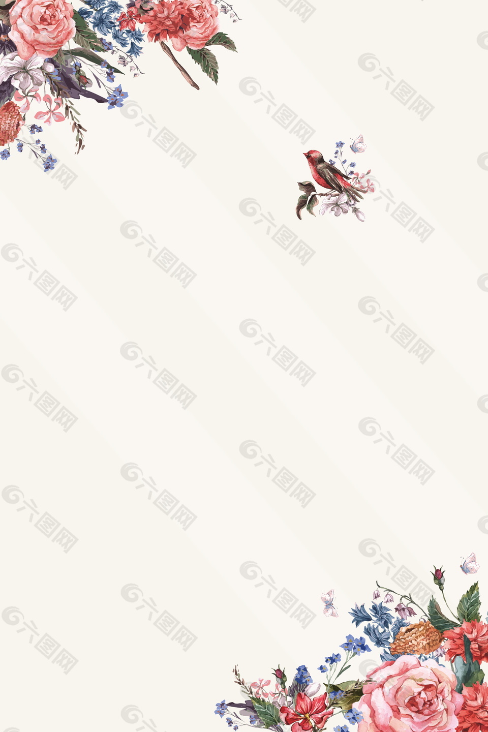彩绘鲜花花枝喜鹊日系文艺范广告背景素材