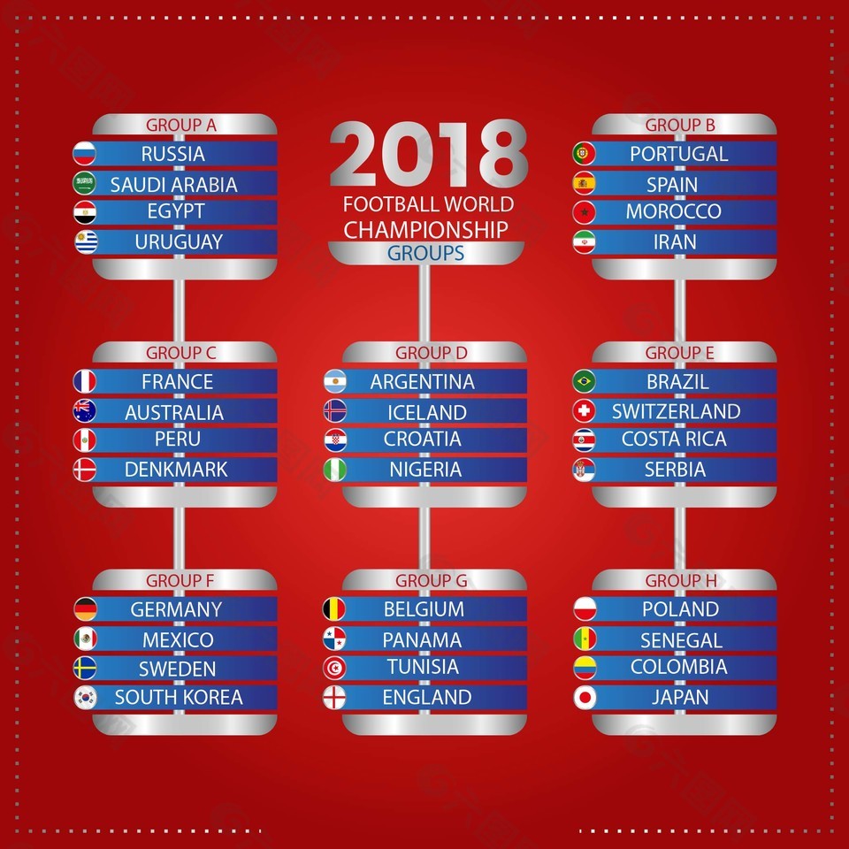 红色背景世界杯足球赛参赛国家设计元素