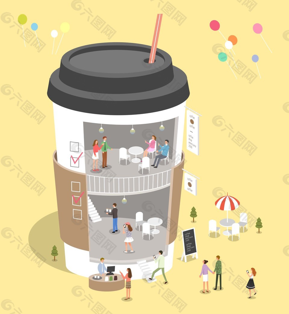 韩国卡通手绘2.5D二维咖啡杯建筑模型