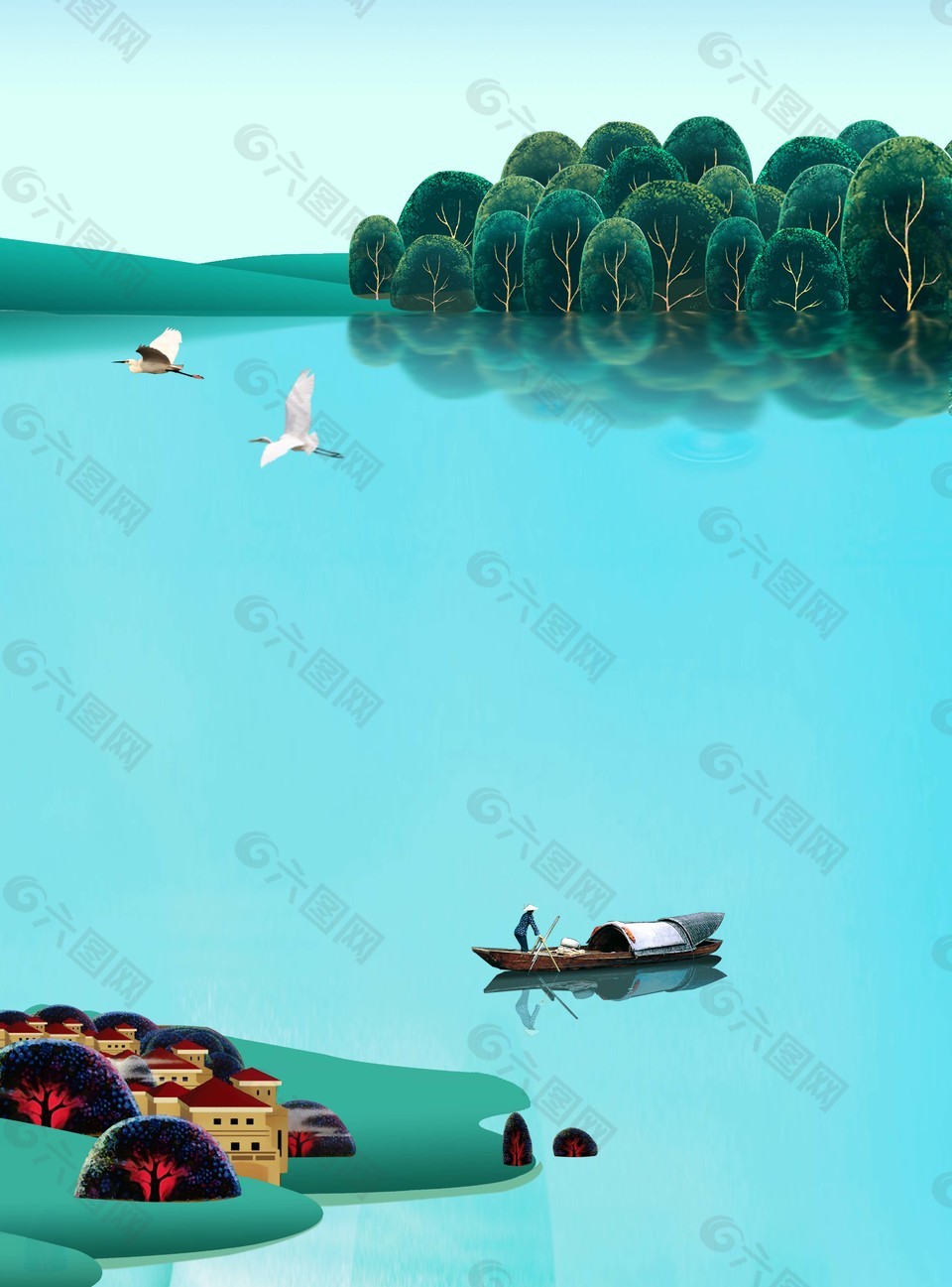 创意大气湖面树林渔船海报背景设计