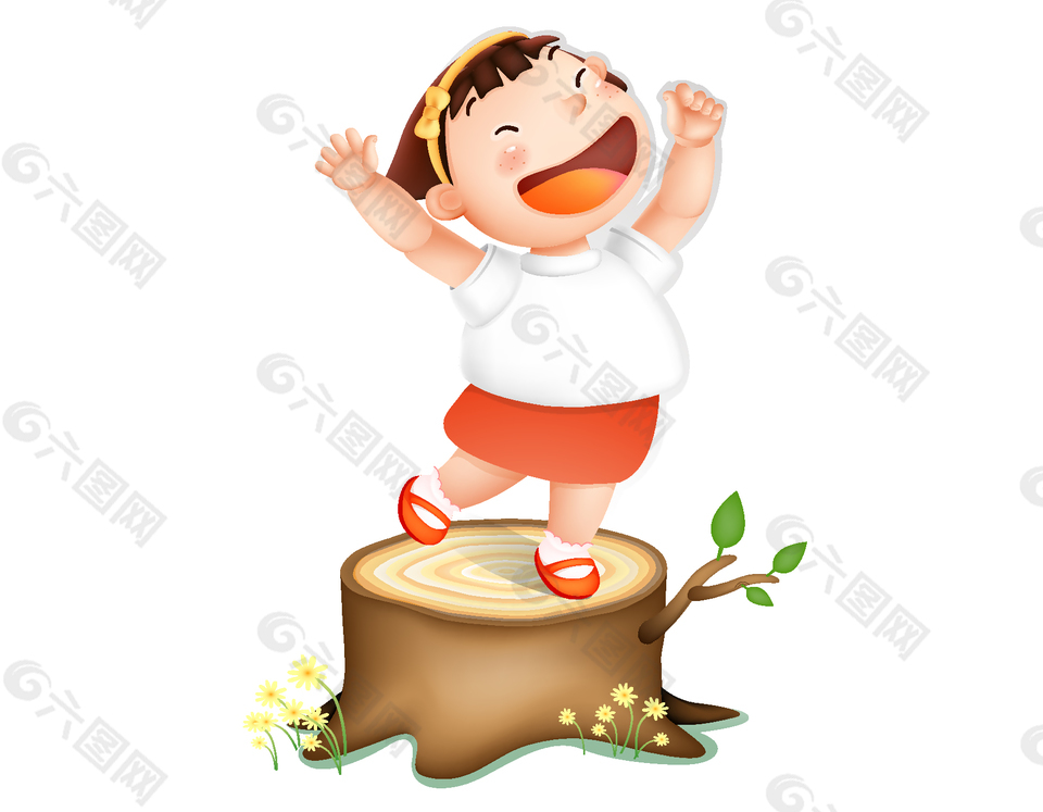 卡通女孩站在树桩上开心矢量元素