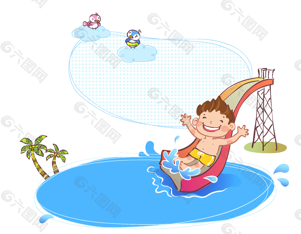 卡通夏日游泳池滑梯元素