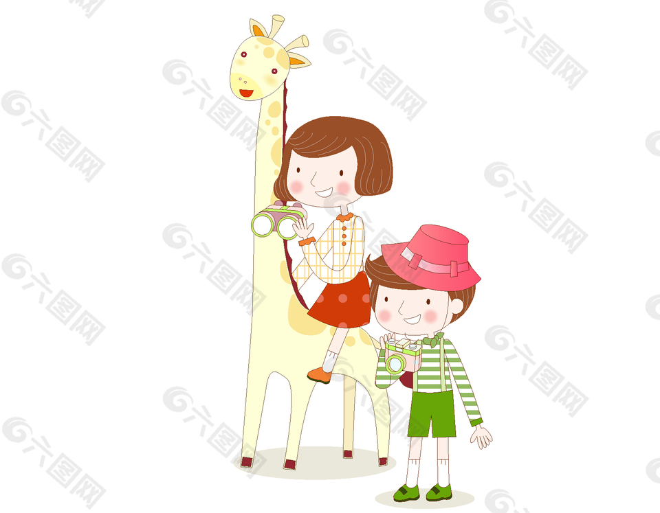 卡通儿童骑长颈鹿元素