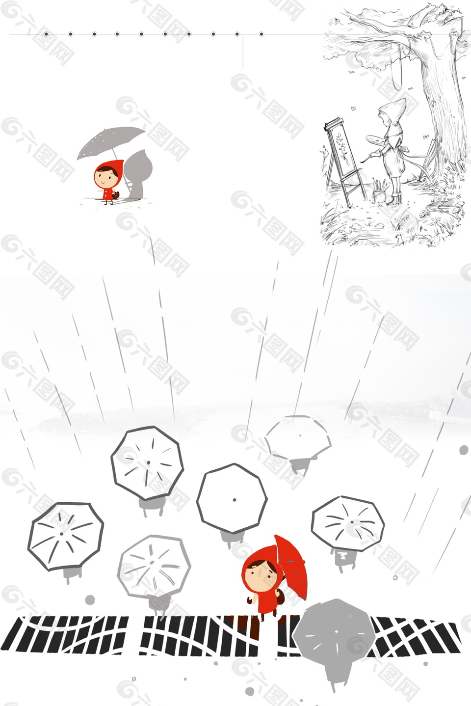 手绘大树下作画女孩日系文艺范广告背景素材