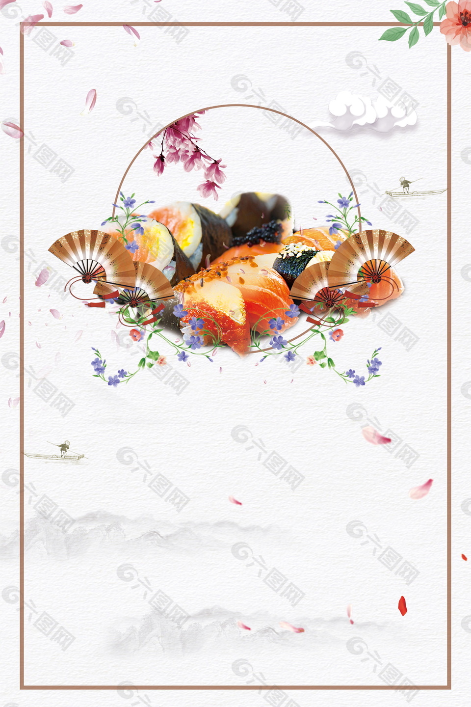 日系文艺手绘带花扇子实线边框广告背景素材