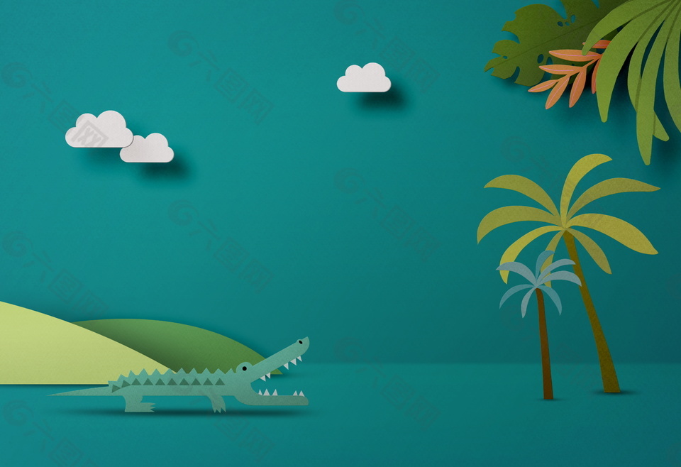 蓝色鳄鱼椰树梦想探险折纸风广告背景素材