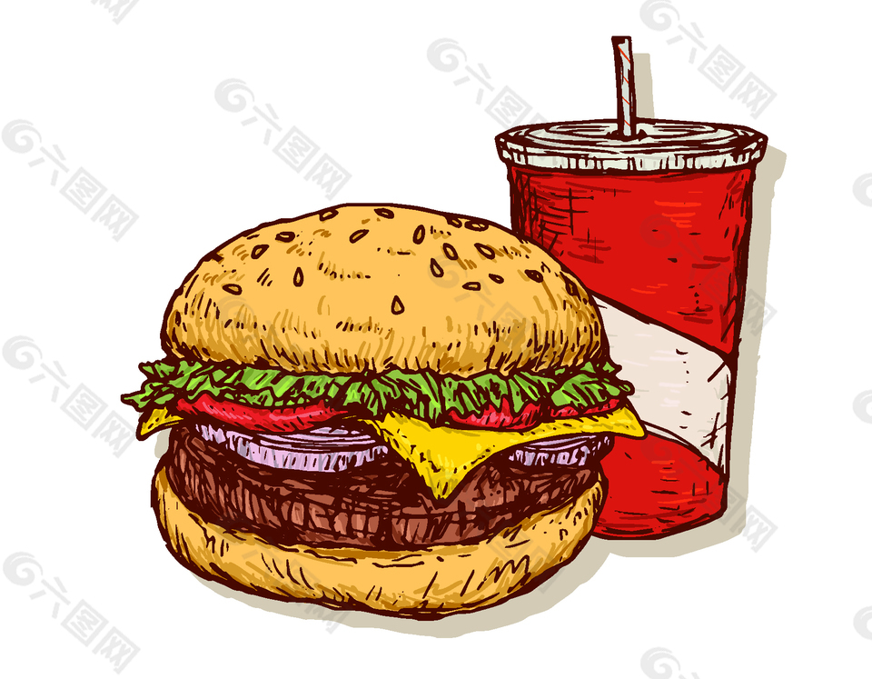 卡通扁平快餐可乐汉堡矢量元素