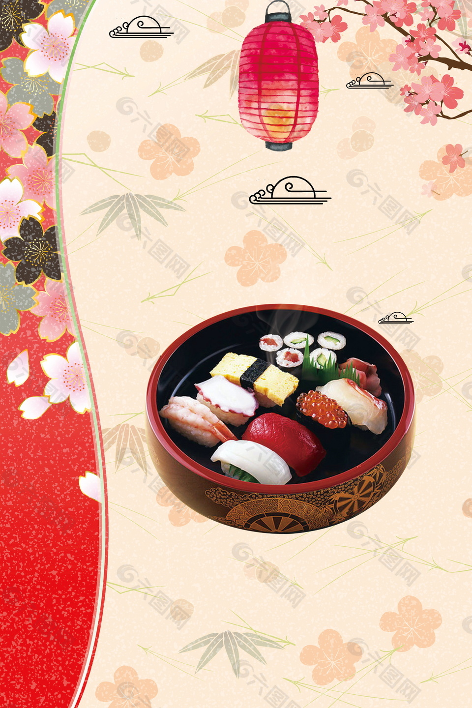 彩绘日式拉面餐饮寿司背景素材