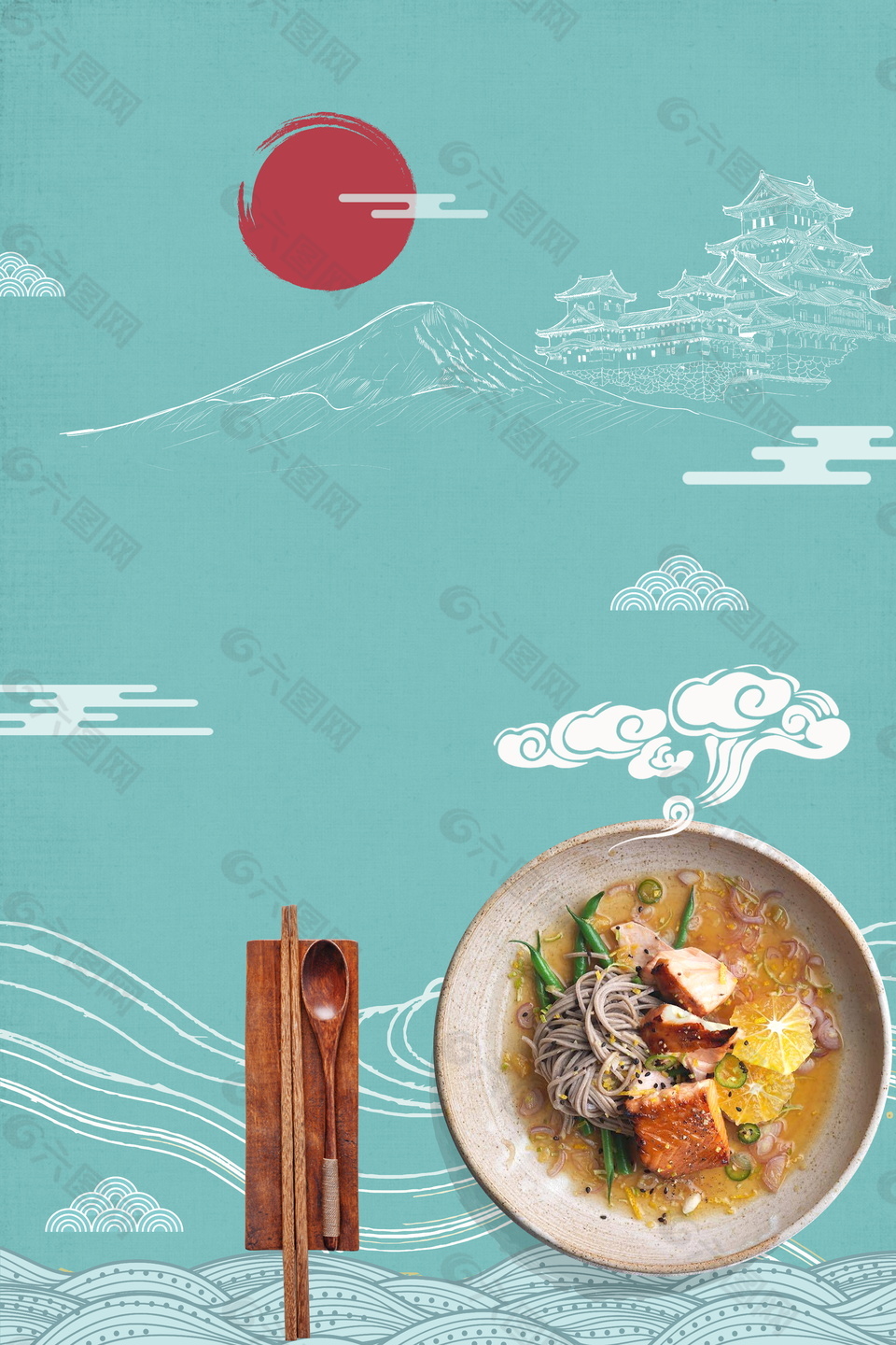 红日浅蓝背影日式拉面餐饮背景素材