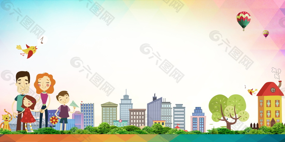 手绘卡通绿色出行创建文明城市广告背景素材