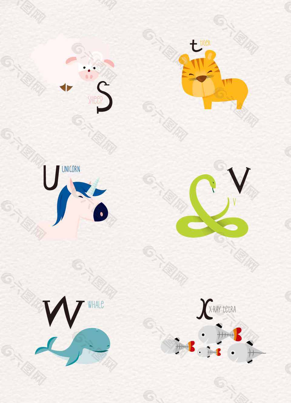 手绘可爱字母和小动物矢量设计素材