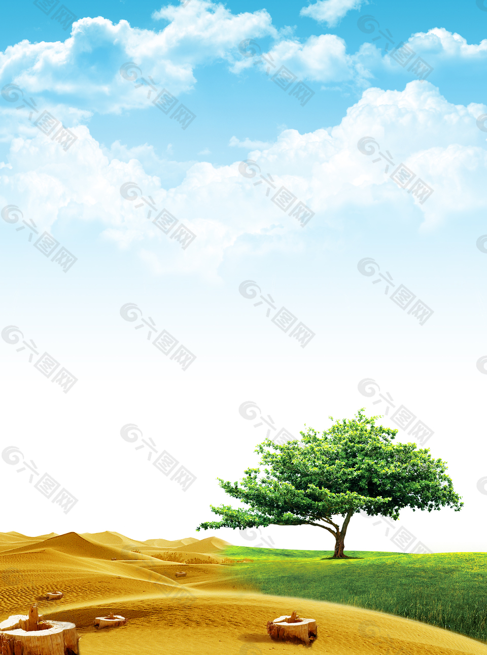蓝天白云风景沙漠绿洲草地背景素材