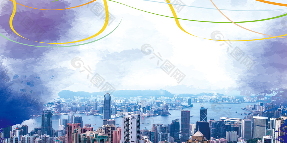 彩条远景香港旅游广告背景素材
