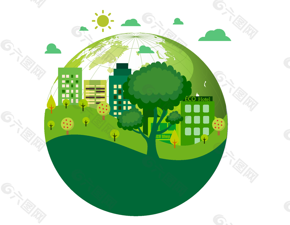 圆形地球里的绿色城市家园矢量图