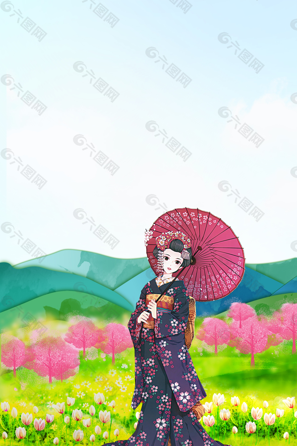 浅蓝色手绘唯美春季踏青赏花人物背景