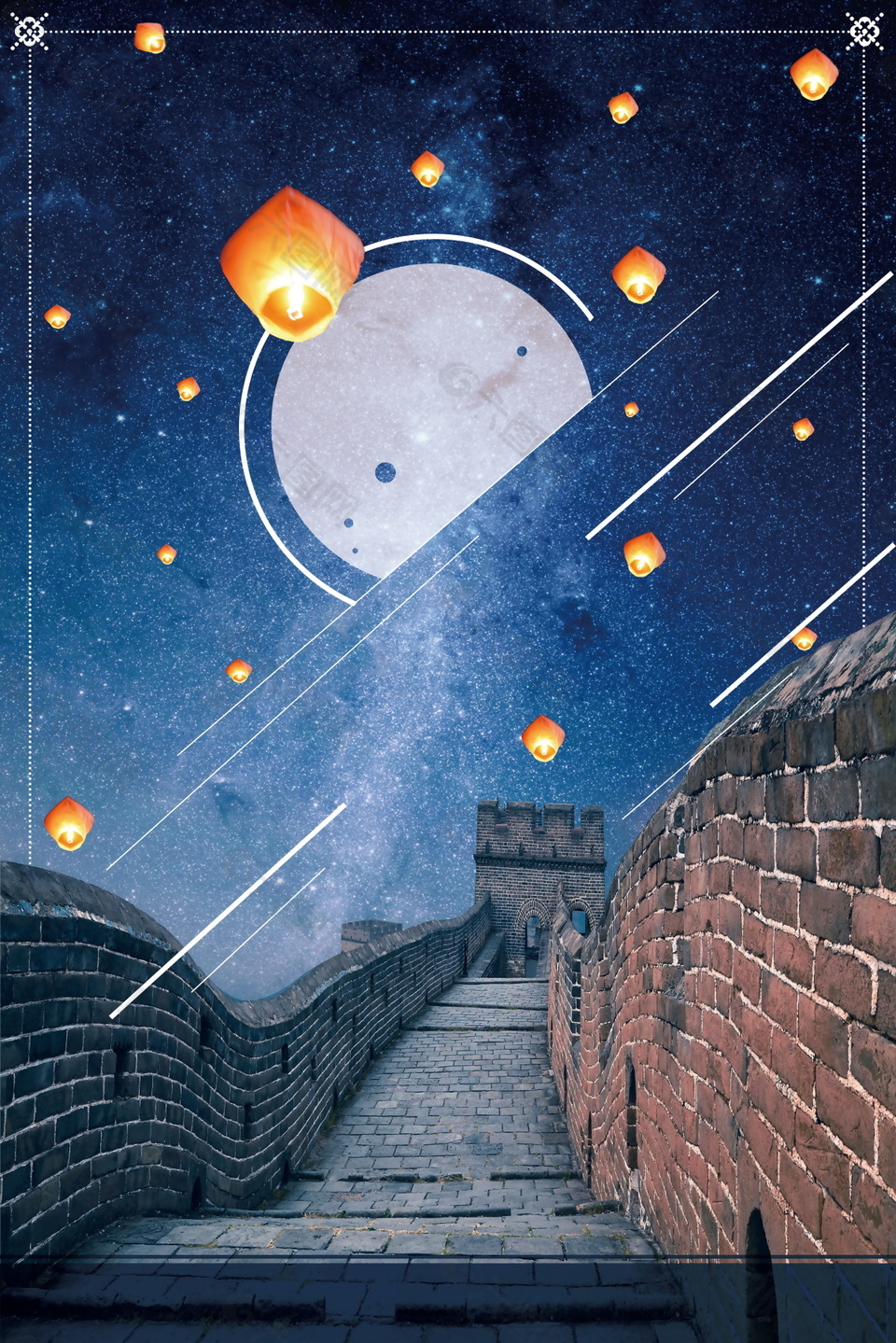 长城上空孔明灯夜晚风景晚安背景素材