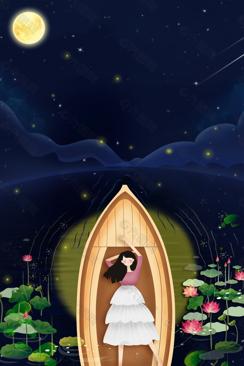 荷花池船只女孩赏月晚安背景素材