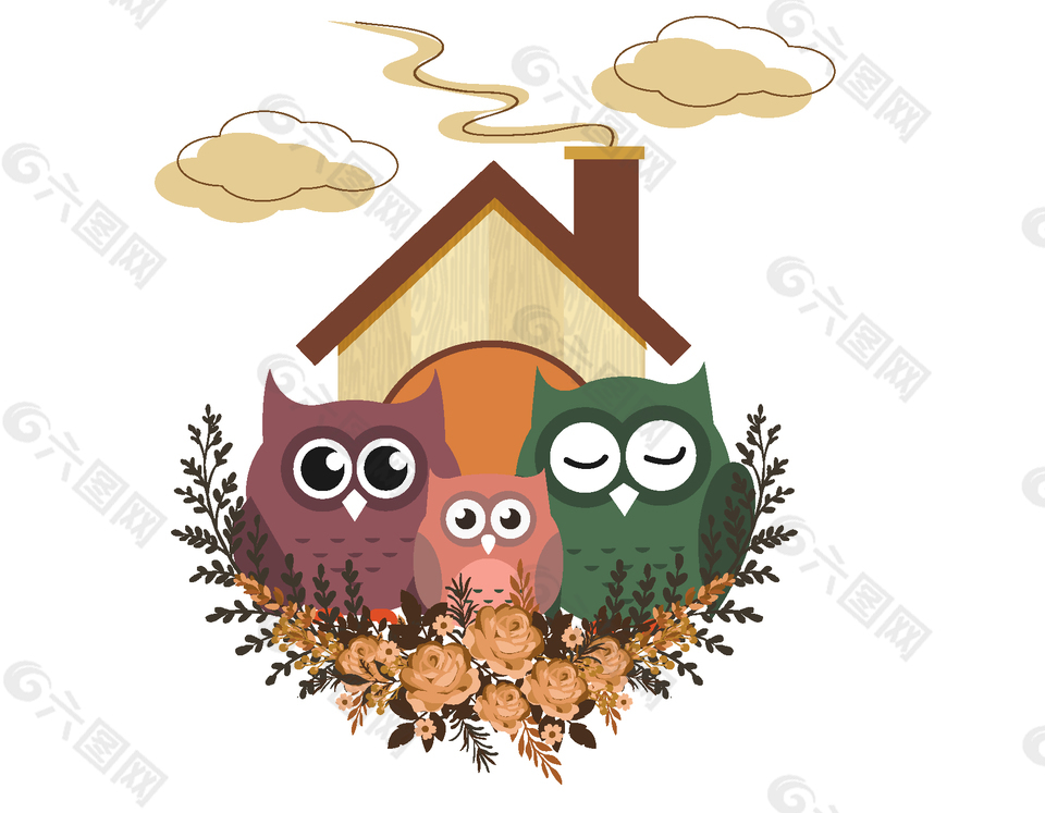 矢量猫头鹰与小房子