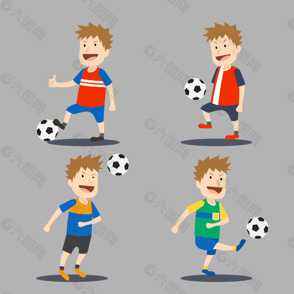 4个踢足球的卡通男孩元素设计