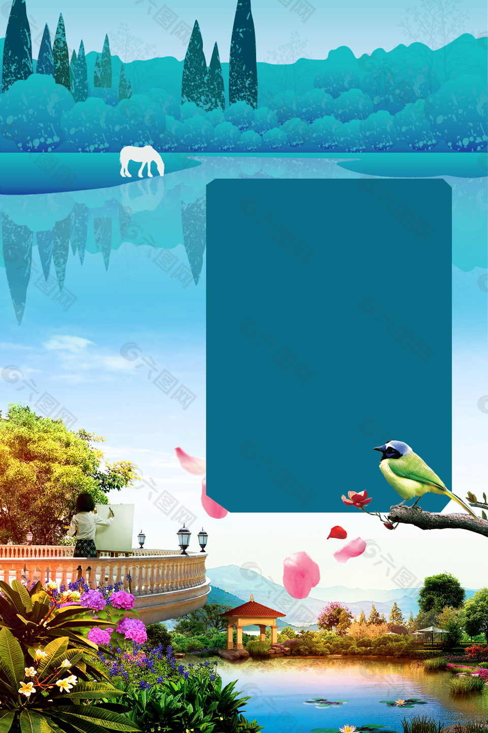 蓝色湖泊岸上的动物山水风景素材
