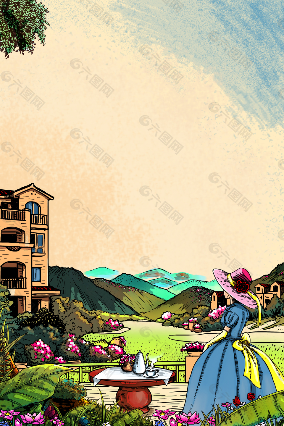 卡通女孩背影山水房产背景素材