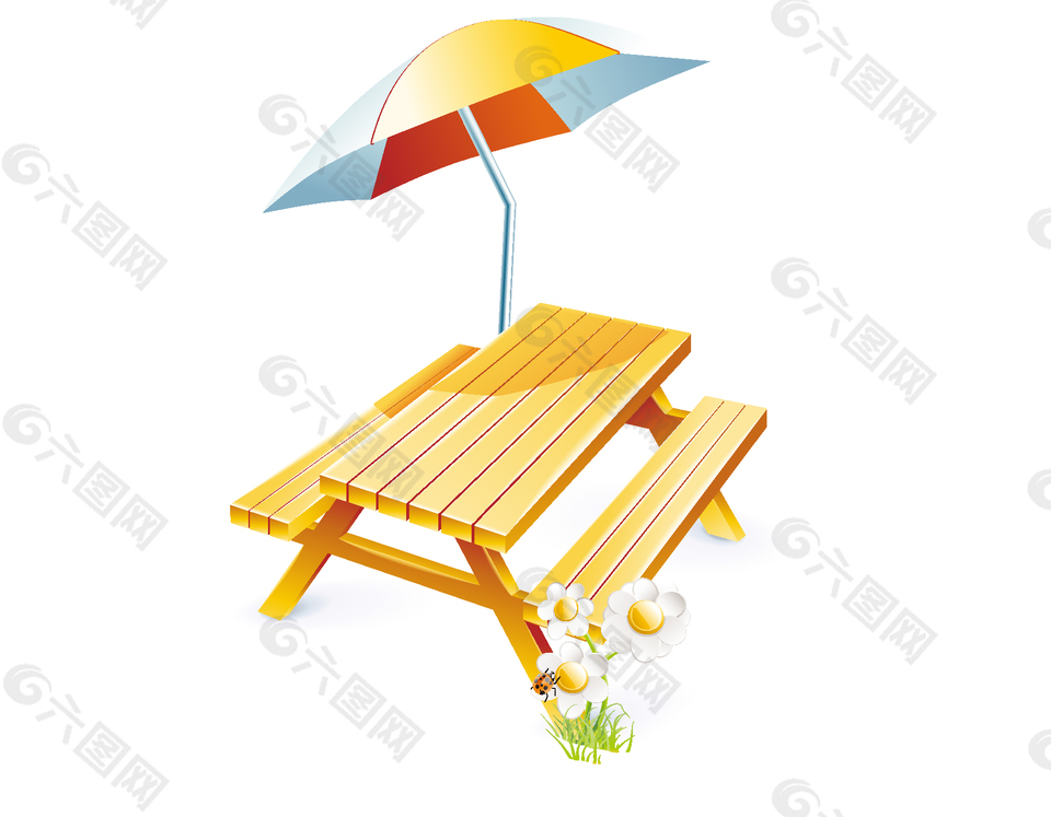 室外餐桌与遮阳伞矢量图