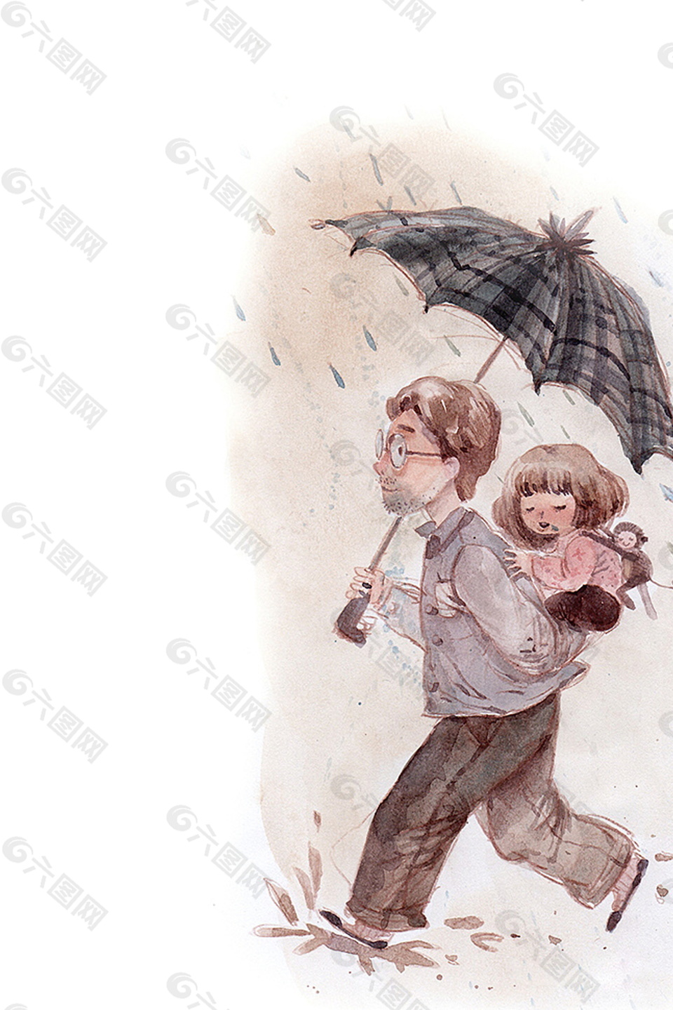 彩绘雨中父女父亲节海报背景设计