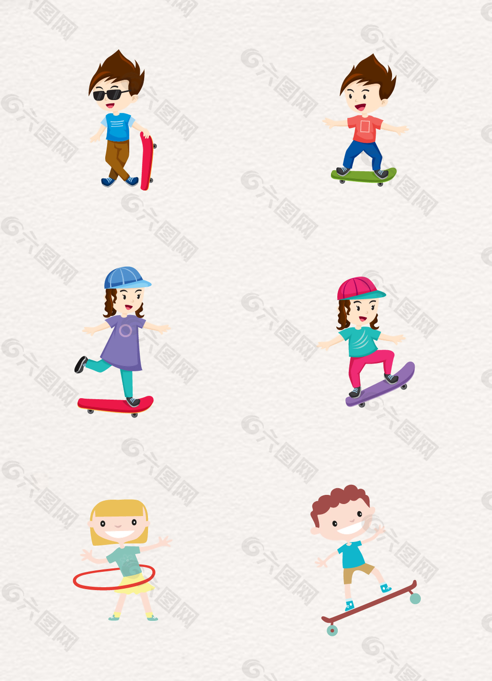 卡通玩滑板和转呼啦圈的人矢量素材合集