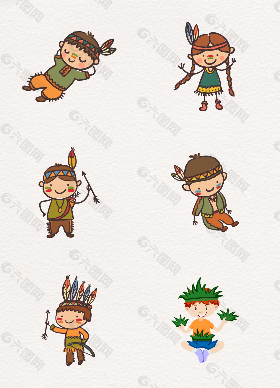 卡通部落人物装扮的儿童矢量素材合集