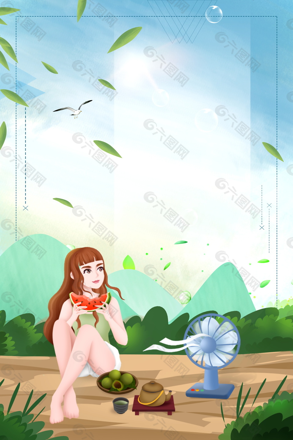 吃西瓜吹风扇的卡通女孩树叶夏至背景设计