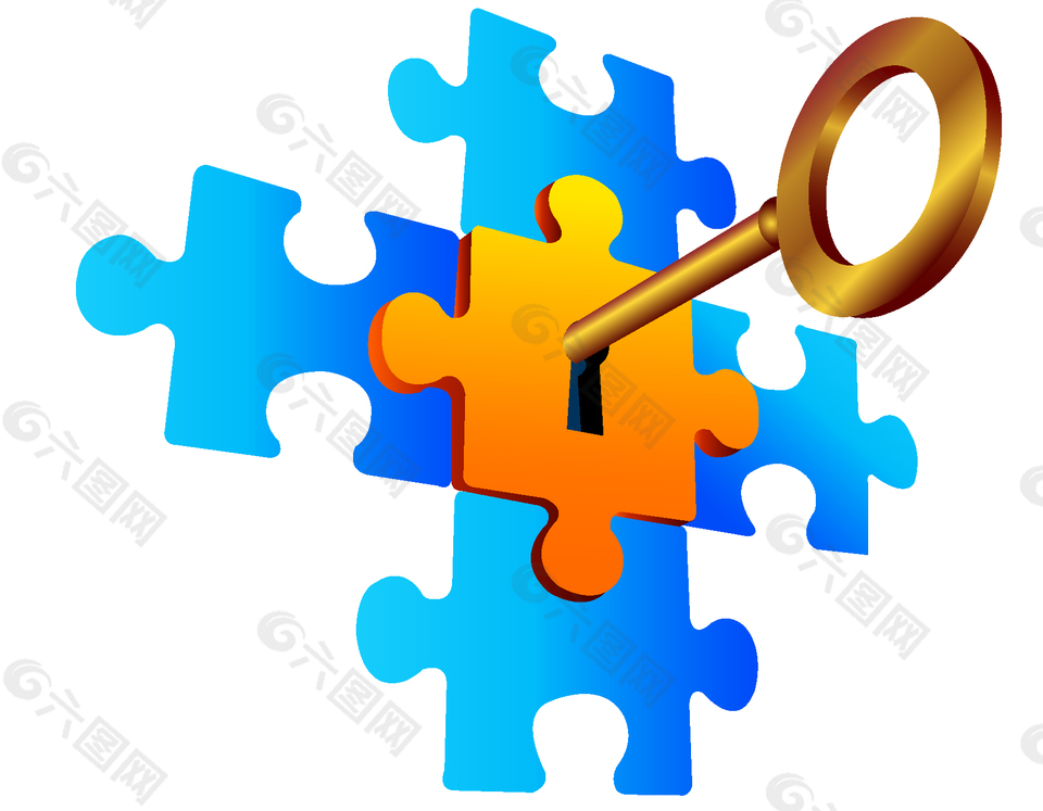 矢量手绘拼图钥匙与锁