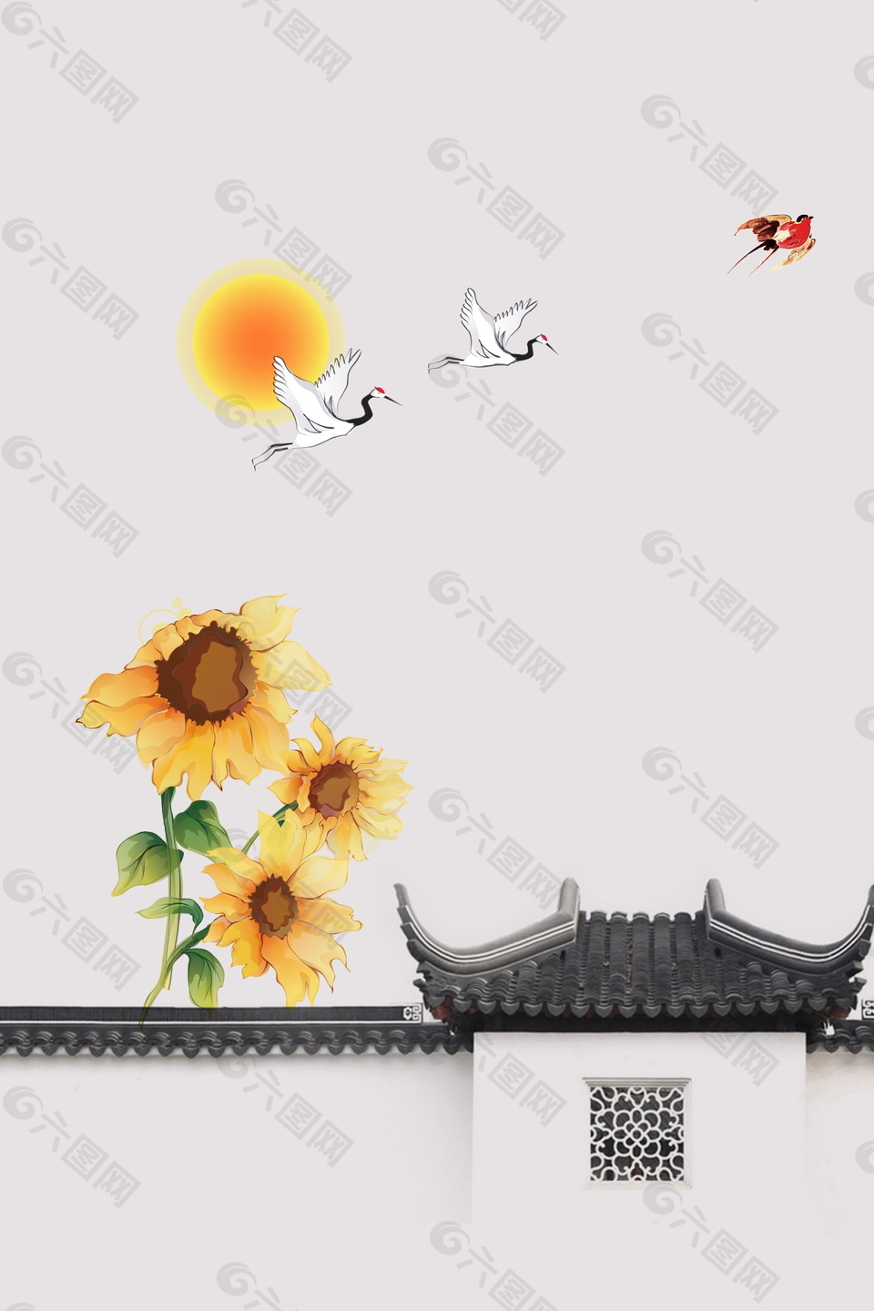 中国风彩绘向日葵屋檐海报素材