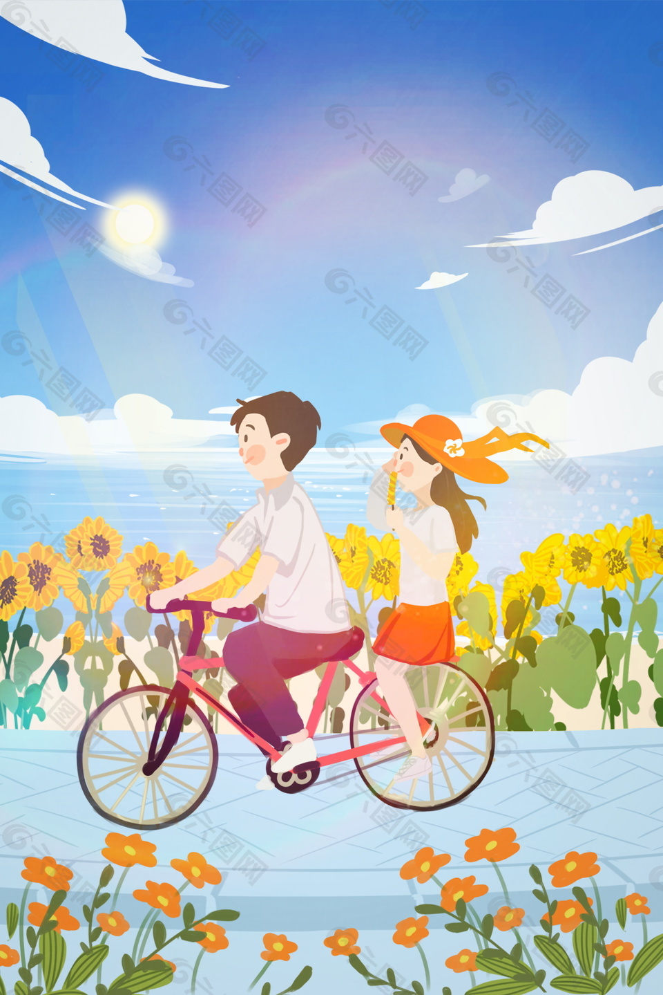 骑车出游海边的向日葵夏季背景素材