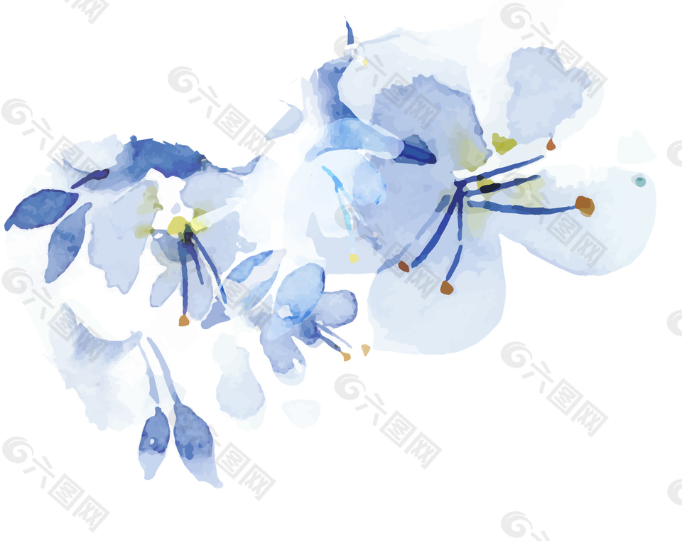 蓝色手绘水彩花朵元素