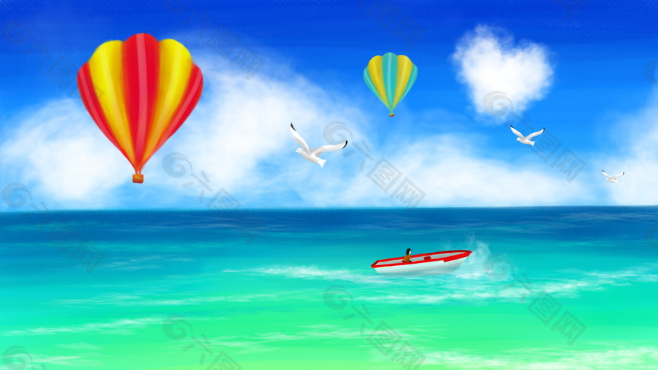 彩绘海上气球帆船海报背景素材
