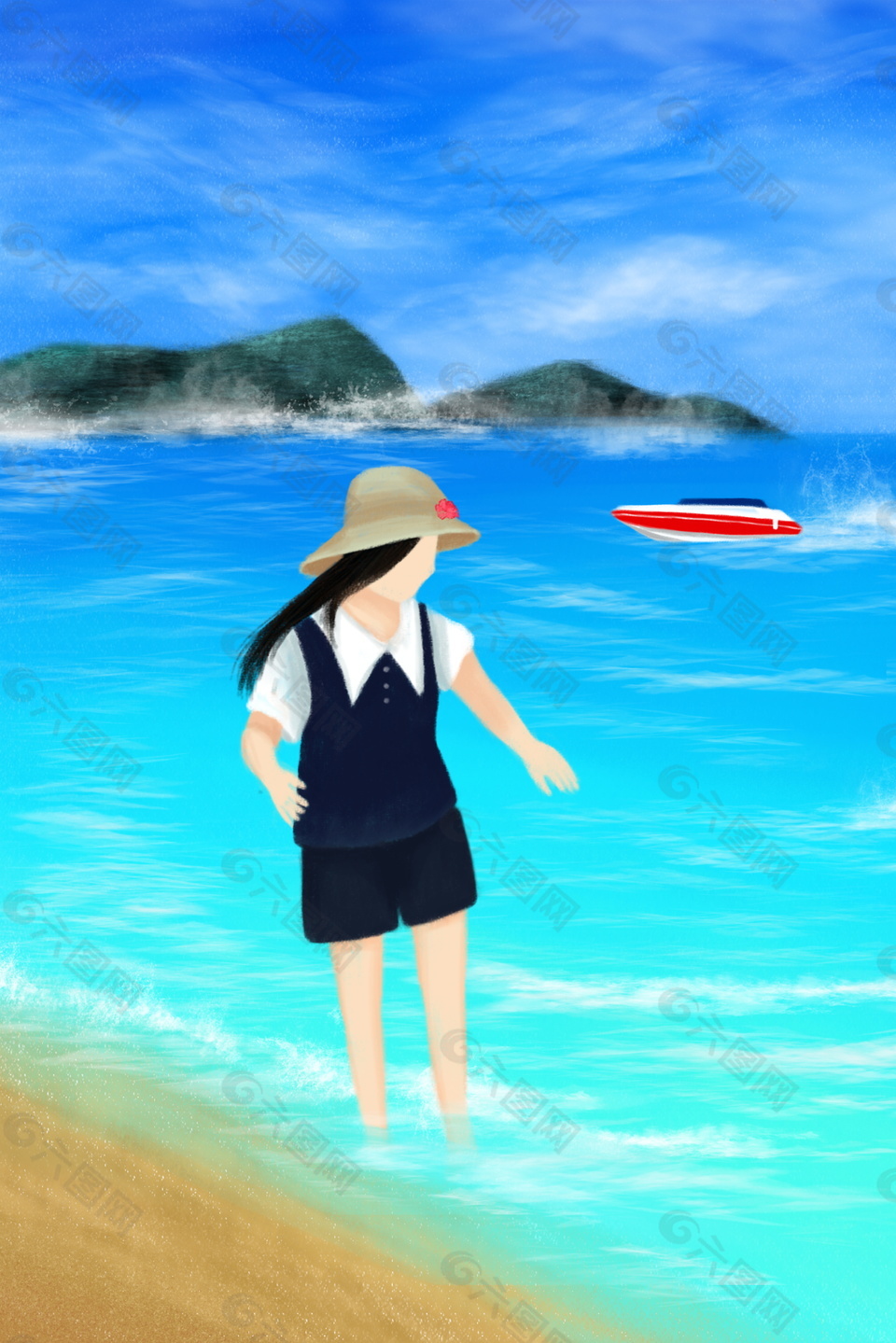 彩绘海边散步的女孩背景素材