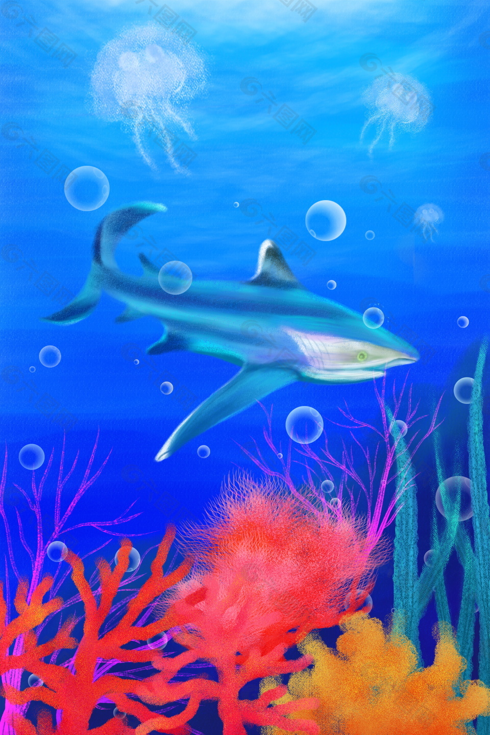 海底世界鲨鱼珊瑚背景素材