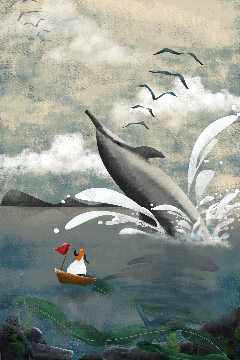 手绘抽象海豚翻身海洋背景素材