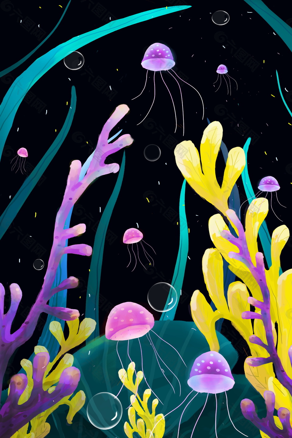 彩色水母海草背景素材